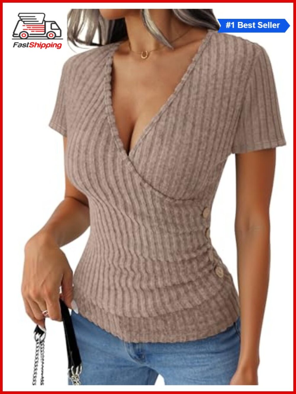 Women's Ribbed Knit V-Neck Short Sleeve Slim Fit Top with Side Buttons